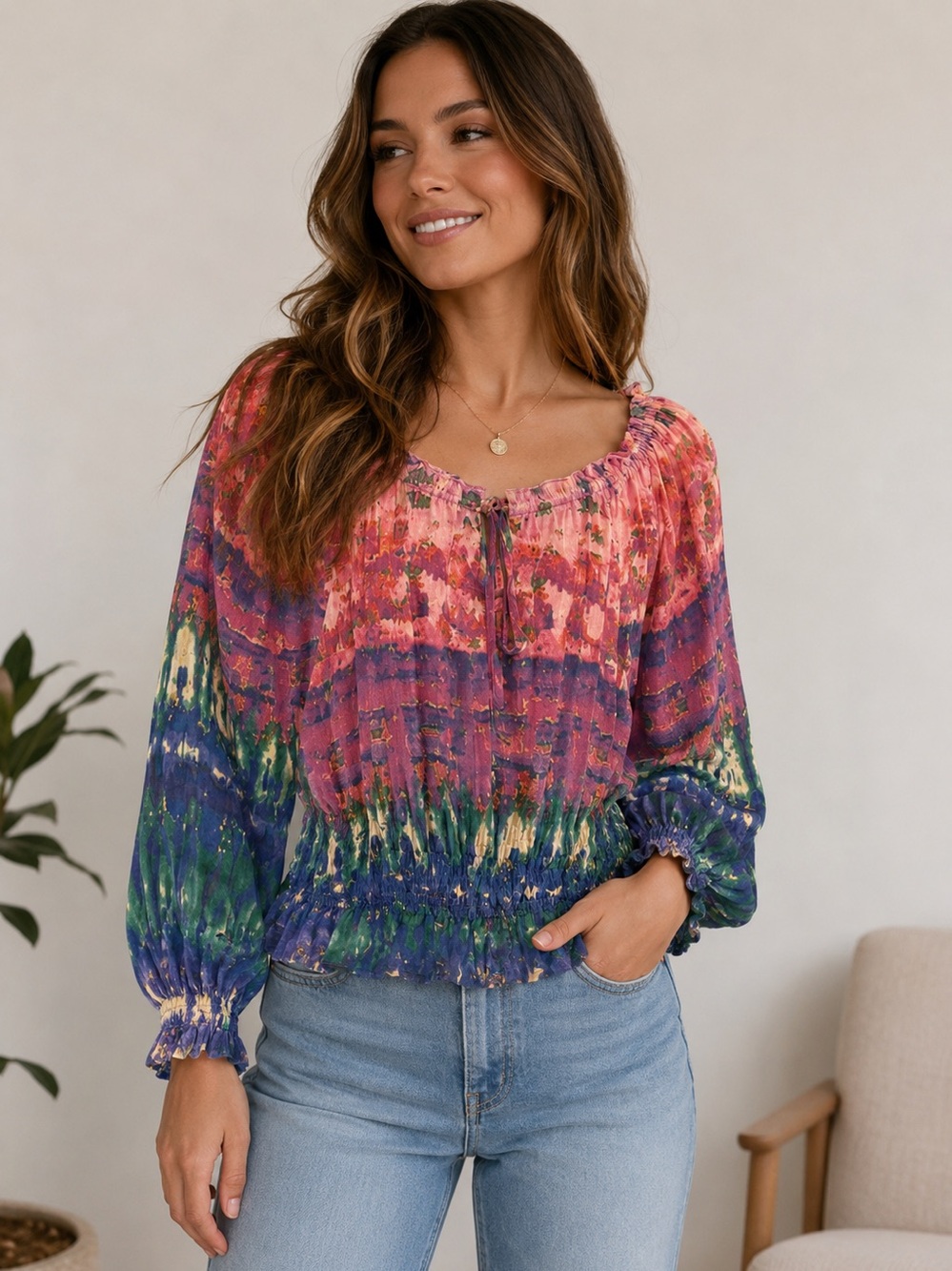 Sierra Rose balloon sleeve boho blouse size large